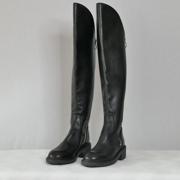 ASH Seven Black Leather Over-The-Knee Moto Boots Sz 37 US 7M 2 Zippers Lug Sole - Picture 3 of 10